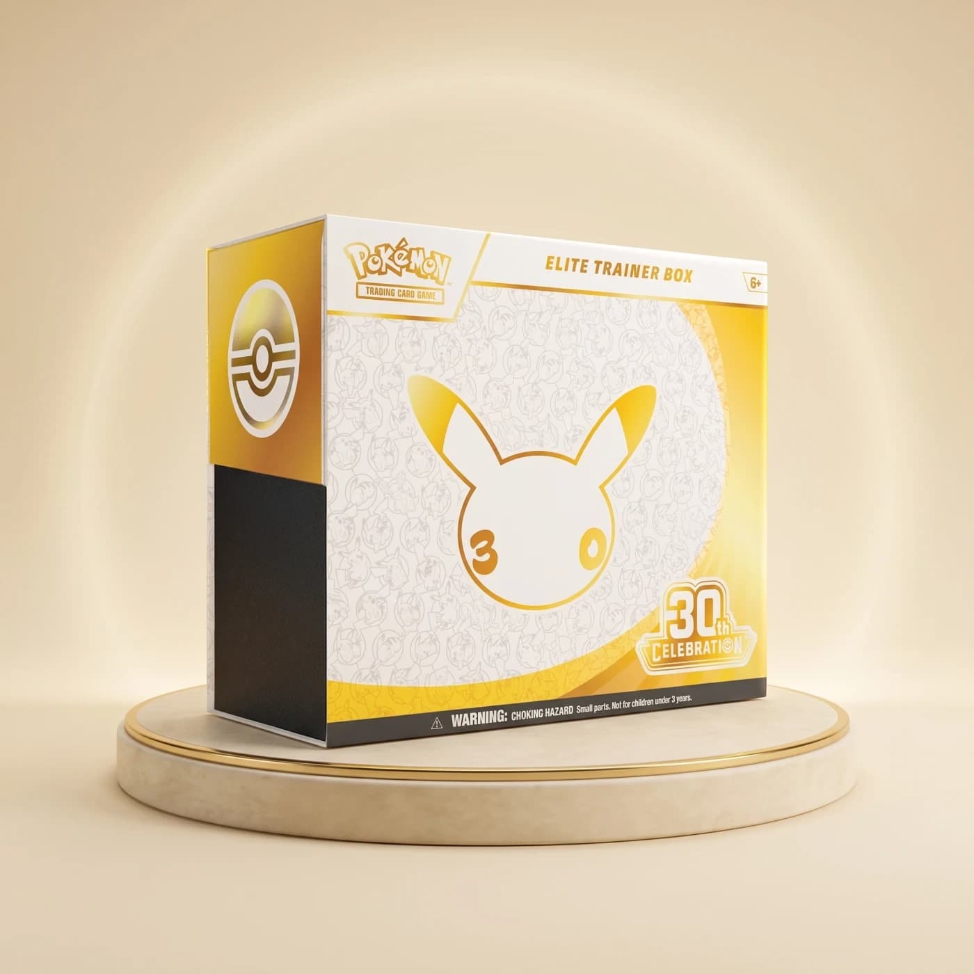 Pokémon TCG 30th Celebration Elite Trainer Box, altın ve beyaz kutu, üzerinde Pikachu silueti