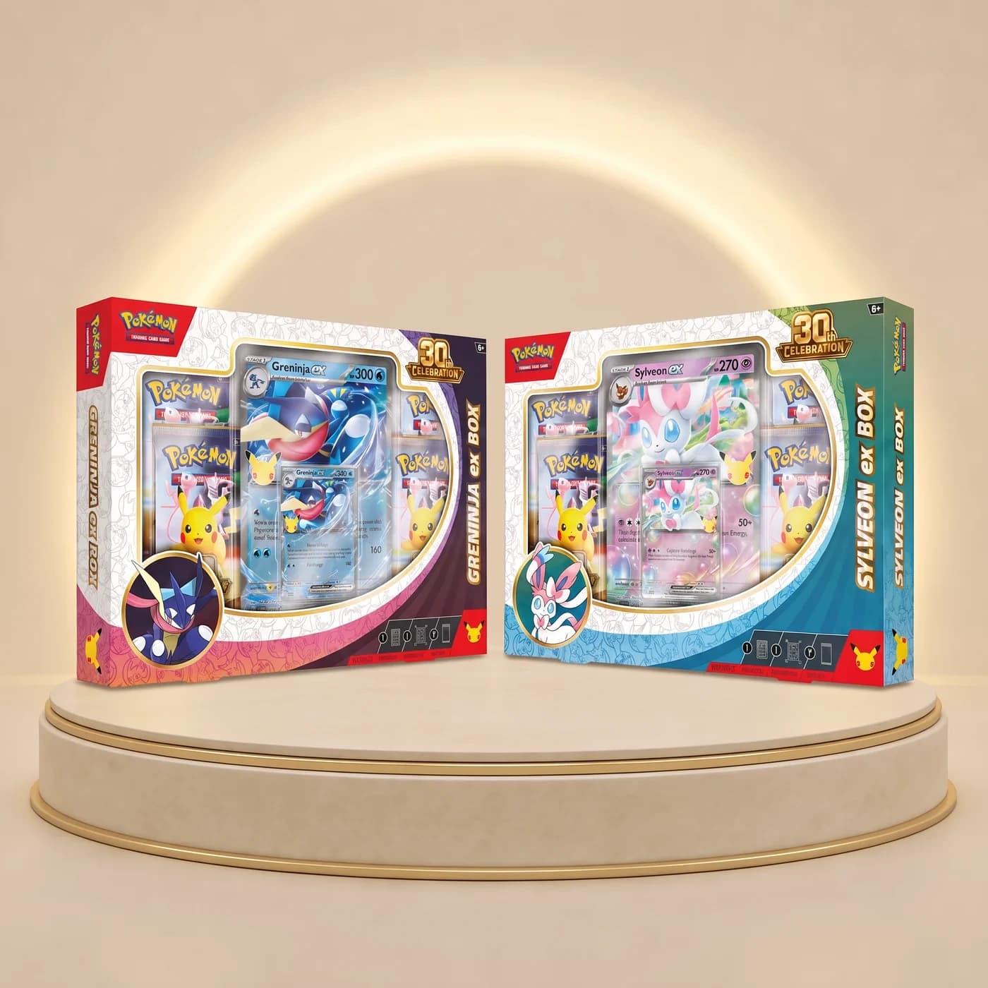Pokémon TCG 30th Celebration Greninja ex Box ve Sylveon ex Box kutuları yan yana