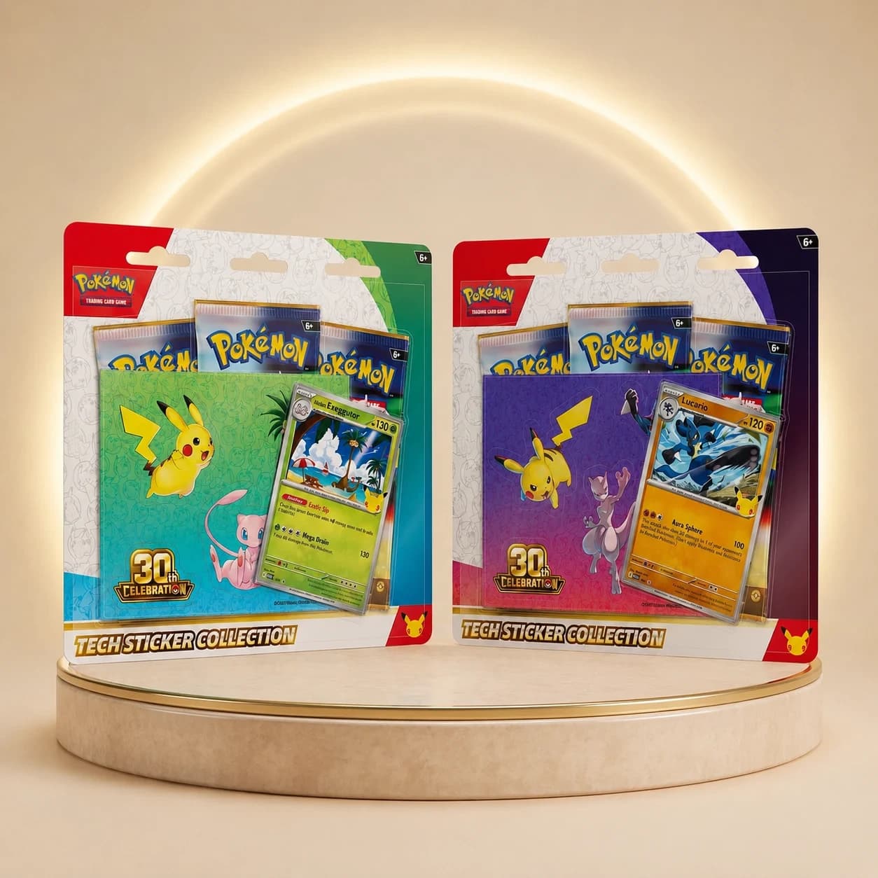Pokémon TCG 30th Celebration Tech Sticker Collection, Alolan Exeggutor ve Lucario paketleri yan yana
