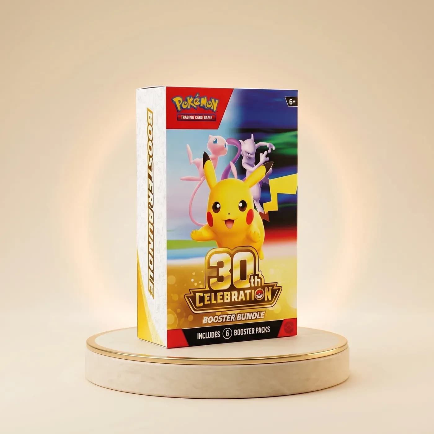Pokémon TCG 30th Celebration Booster Bundle kutusu, üzerinde Pikachu, Mew ve Mewtwo