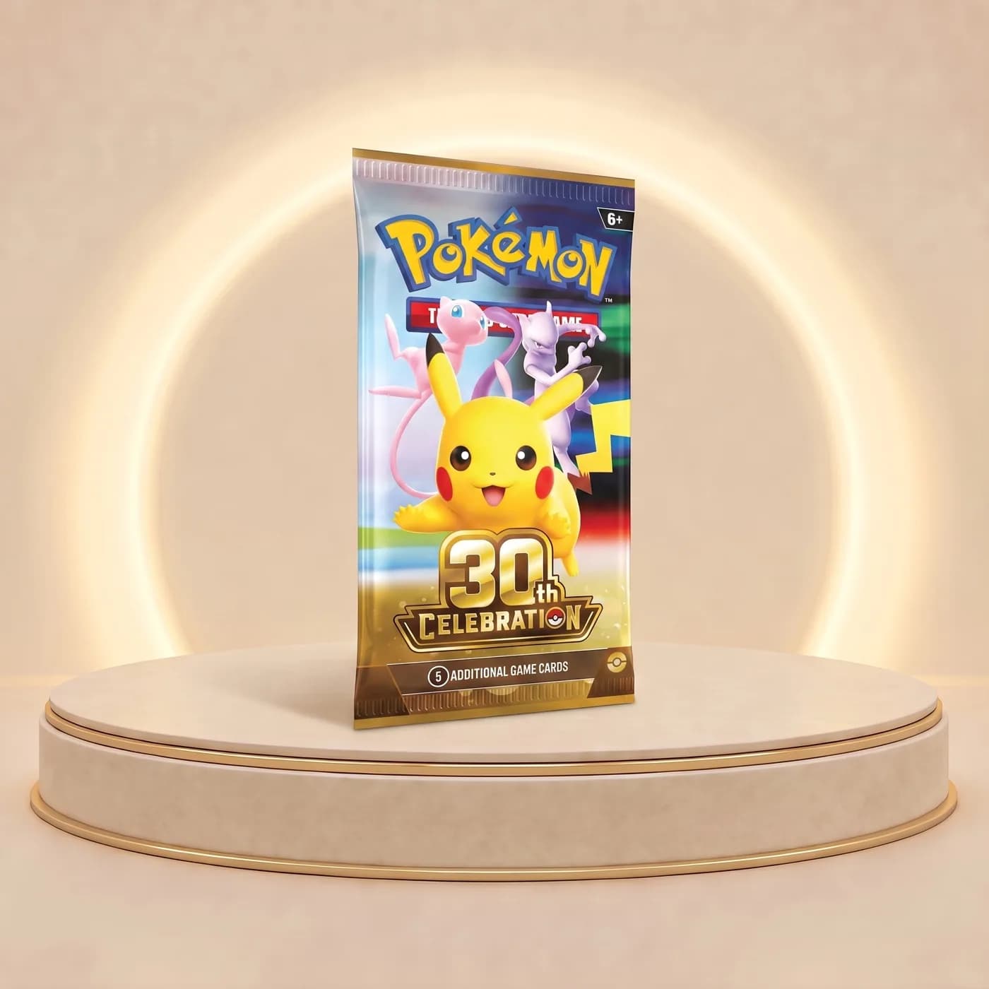 Pokémon TCG 30th Celebration tek booster paketi, üzerinde Pikachu ve Mew