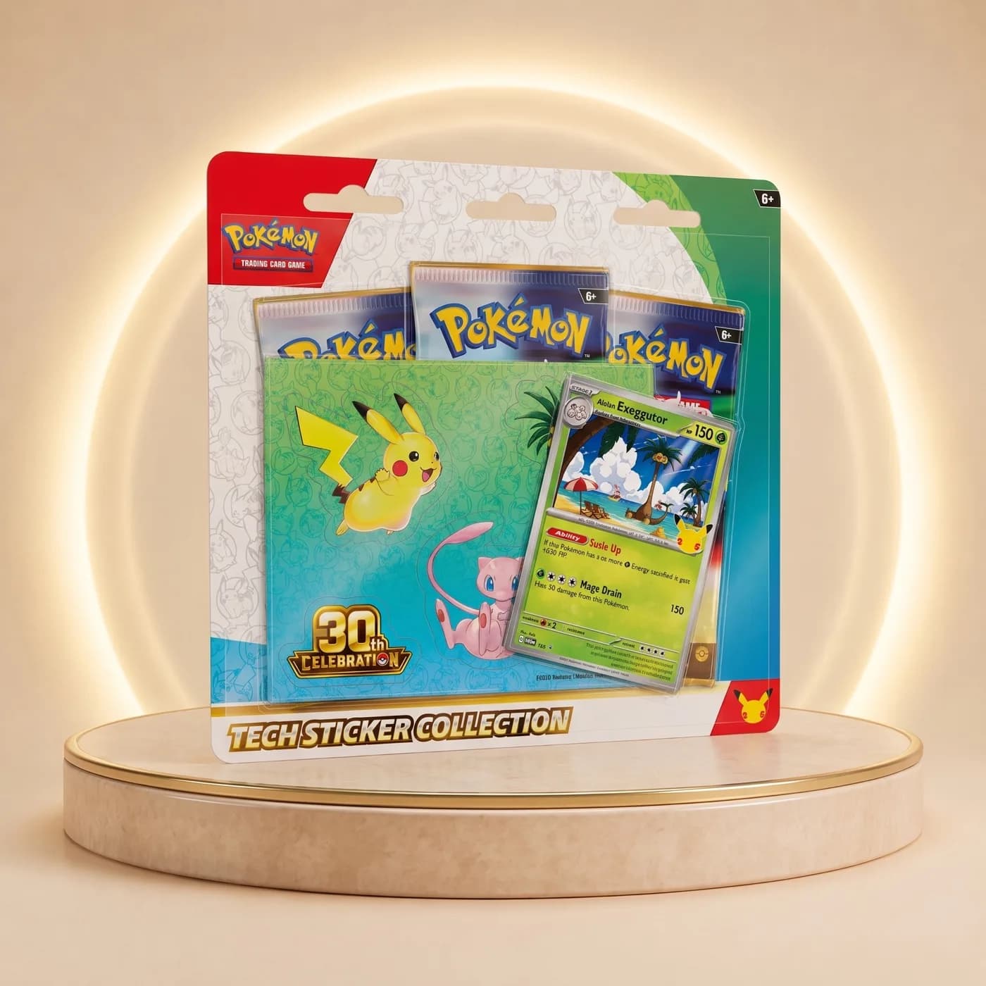Pokémon TCG 30th Celebration Tech Sticker Collection, Alolan Exeggutor çeşidi, yeşil sticker sayfasıyla